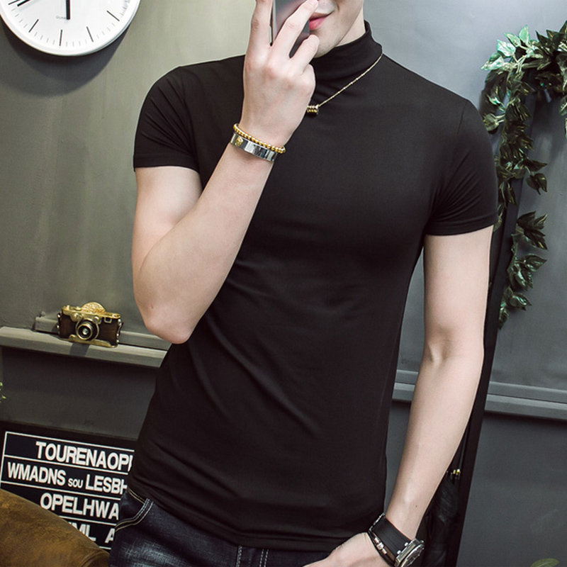 黑色半高领短袖t恤男士修身打底衫 韩版紧身薄款棉质中领半袖体恤