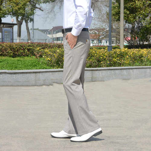 春夏条纹喇叭裤男垂感抗皱微喇叭西裤弹力舒适裤子直筒休闲阔腿裤