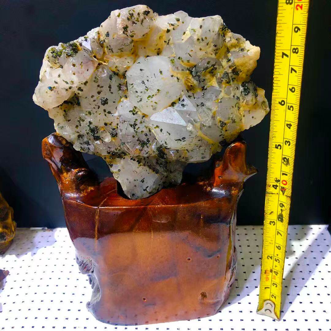 老货福利天然水晶与绿碧玺绿帘石共生体超七原石矿标浮生摆件