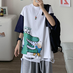 Cute cartoon print round neck T-shirt and casual half sleeve top