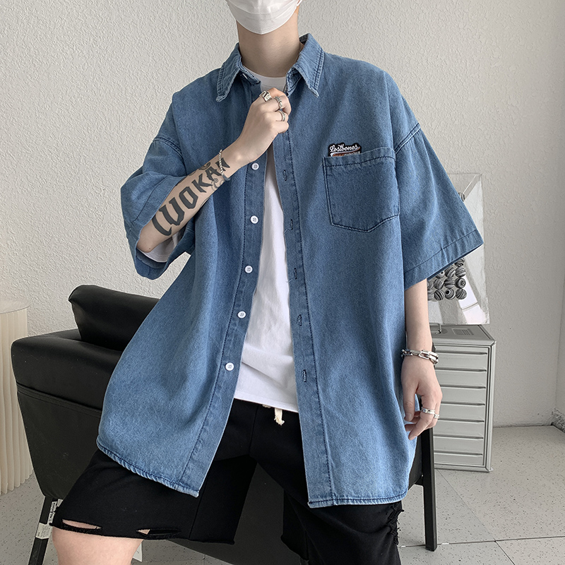 Denim Lapel short sleeve shirt summer trend loose versatile shirt