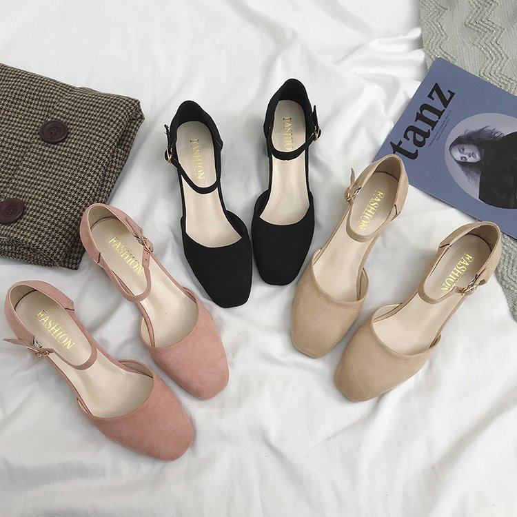Single shoes Hollow Word buckle Sandals Square Suede Shallow mouth With crude Korean Edition Versatile Like a breath of fresh air girl High-heeled shoesin the Women's Shoes, Low shoes  category - from Buy2taobao.com to provide professional Taobao agent buy service