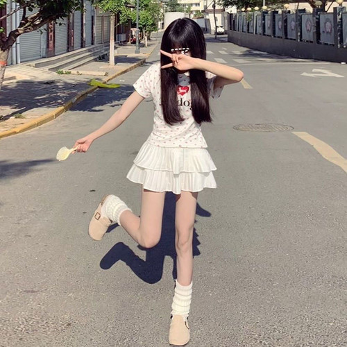 夏季小个子套装网红同款甜美满印T恤圆领短袖上衣+高腰短裙蛋糕裙