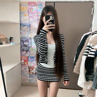 快手网红同款撞色条纹针织开衫长袖外套高腰包臀短裙内搭吊带套装