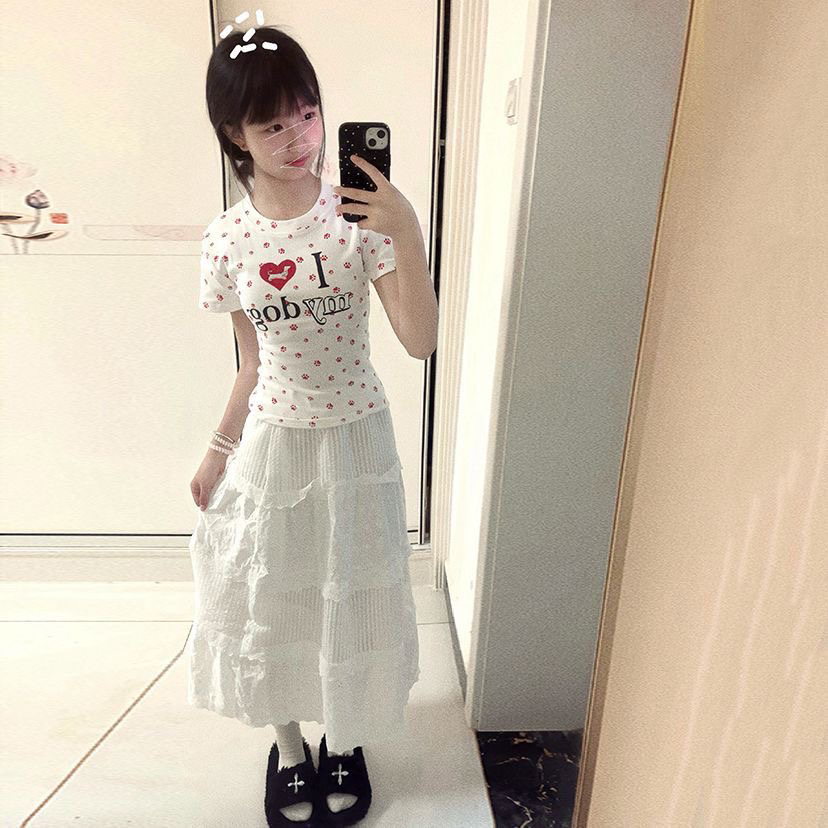 网红同款夏季公主风显瘦甜美修身印花短袖T恤上衣+高腰半身裙套装