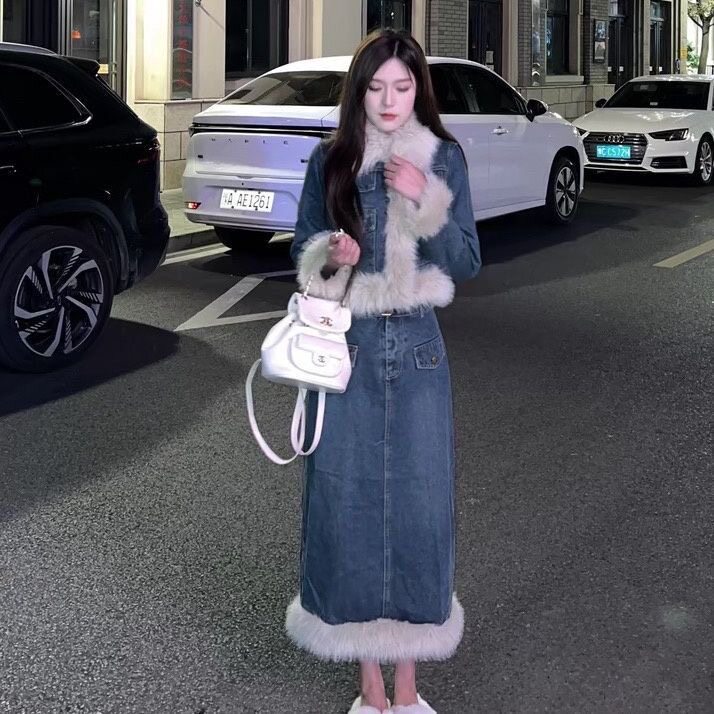 秋冬网红同款千金复古毛毛拼接牛仔外套+高腰显瘦开叉半身裙套装