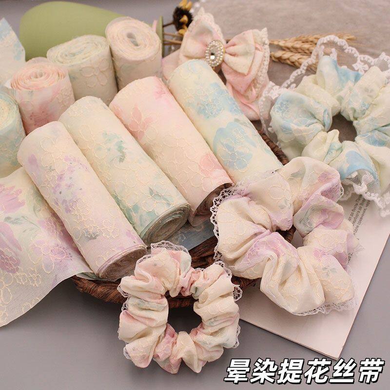 法式棉布晕染提花大肠圈蝴蝶结丝带diy手工发饰肠圈发绳布料材料