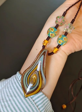 绿色原创设计手工细闪琉璃吊坠项链夏秋冬复古温柔百搭款毛衣链