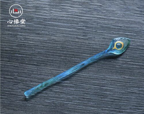 心缘堂茶道配件雀之灵茶簪175 x 25 x 14mm孔雀蓝金