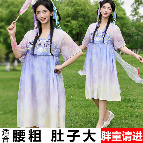 胖女童汉服连衣裙夏季薄款大童加肥大码宽松古风古装裙国风8-12岁