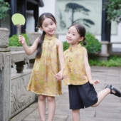 改良兄妹国风唐装 女童夏季 2025新款 香云纱旗袍男童马甲套装 新中式