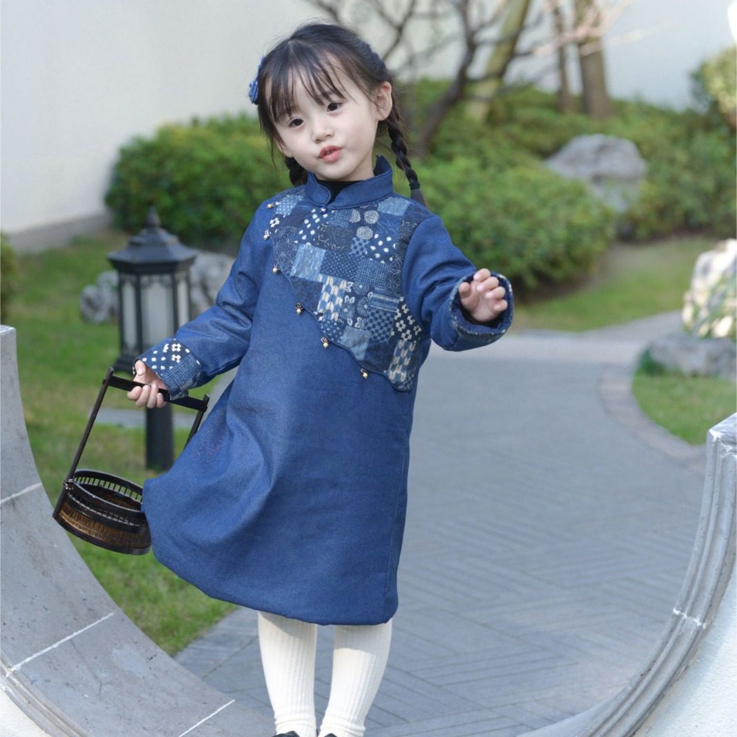 2025秋冬季旗袍连衣裙中国风女童蓝色棉衣宝宝夹棉棉服改良旗袍裙