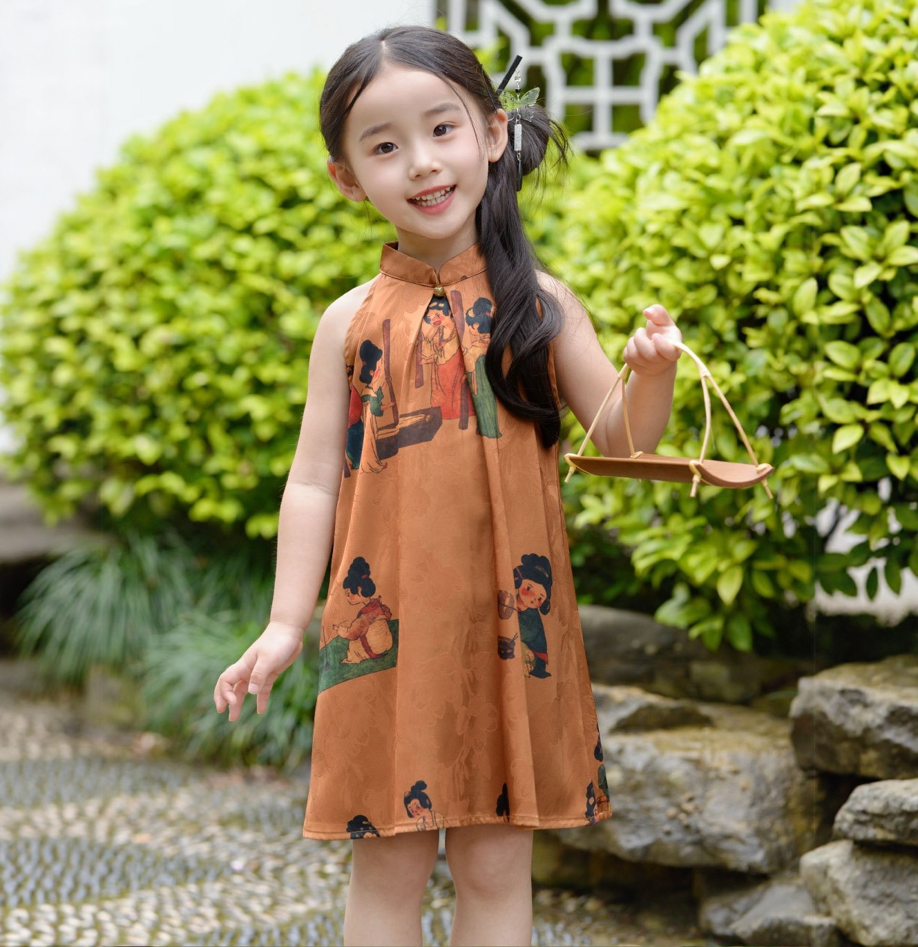 夏季薄款女童旗袍复古挂脖露肩2025新款国风新中式旗袍连衣裙套装