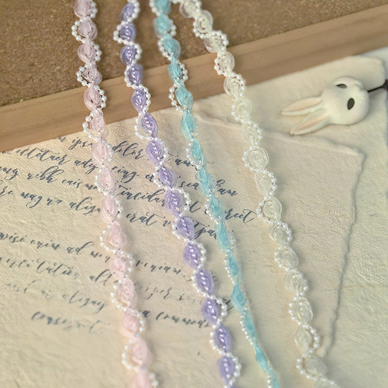 波浪形立体珍珠镶边纱带玫瑰花边手工儿童装抱枕衣领应援卡套装饰