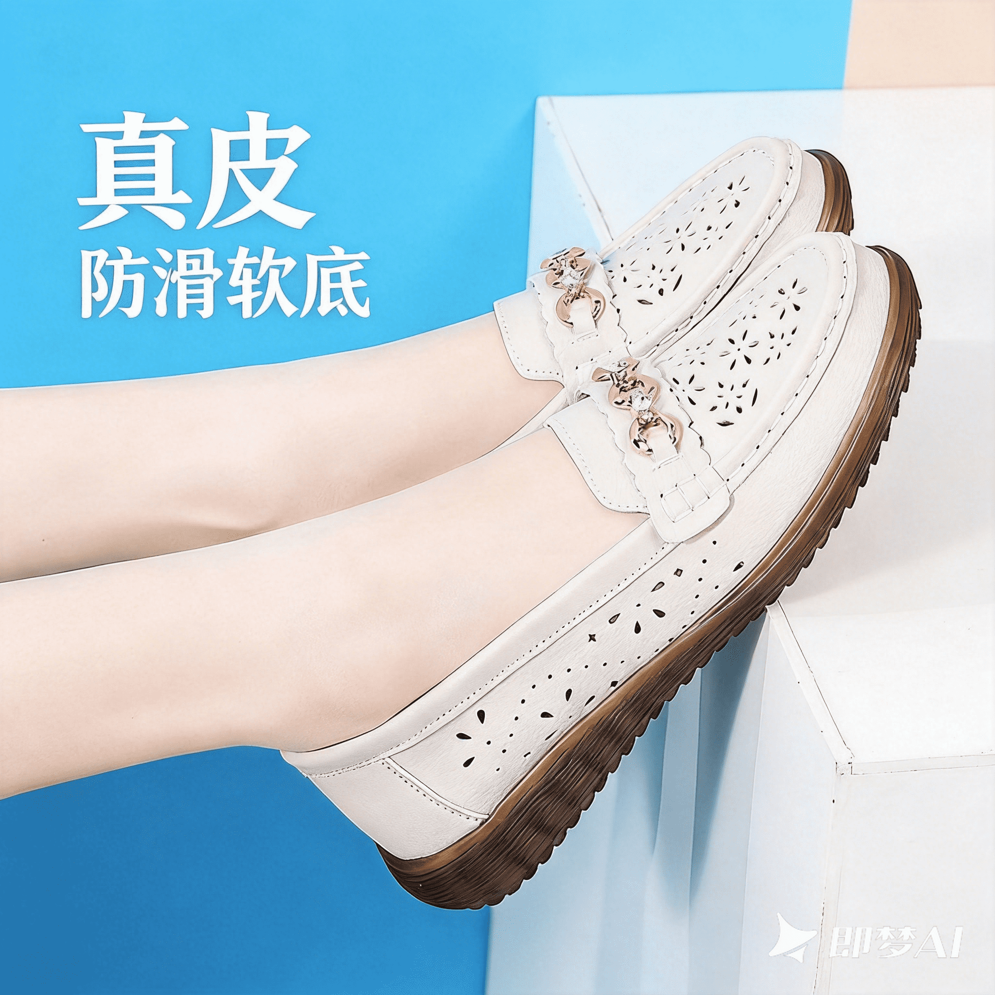 外贸出口余单高品质真皮妈妈鞋镂空洞洞鞋女夏季百搭透气防滑底