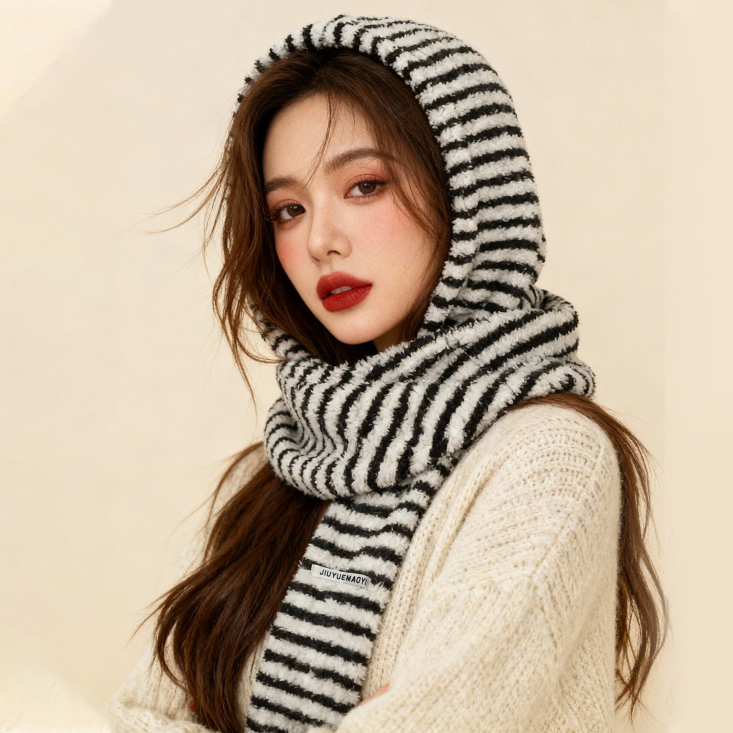 新款秋冬毛绒条纹帽子围巾一体户外保暖防寒护颈洋气显脸小护耳帽