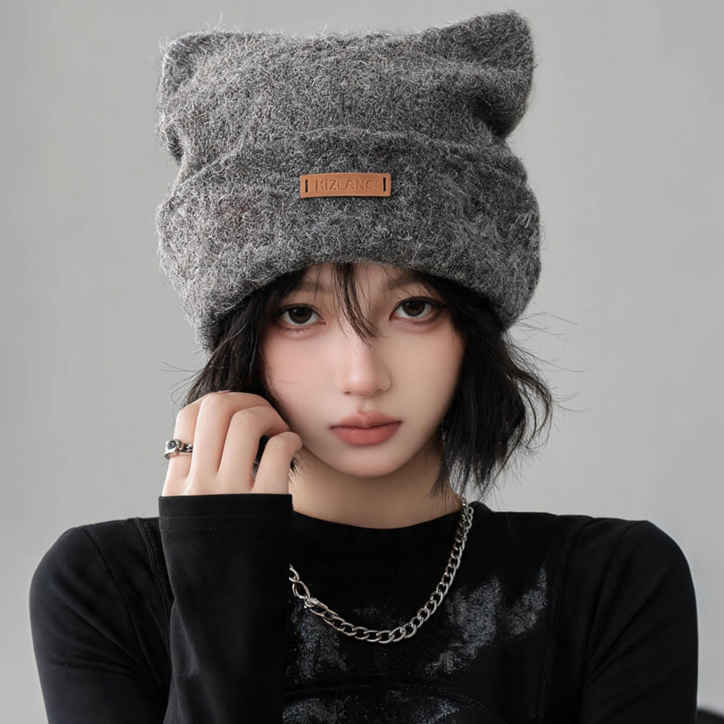 可爱学生灰色针织猫耳朵套头冷帽女秋冬保暖护耳百搭毛线帽ins潮