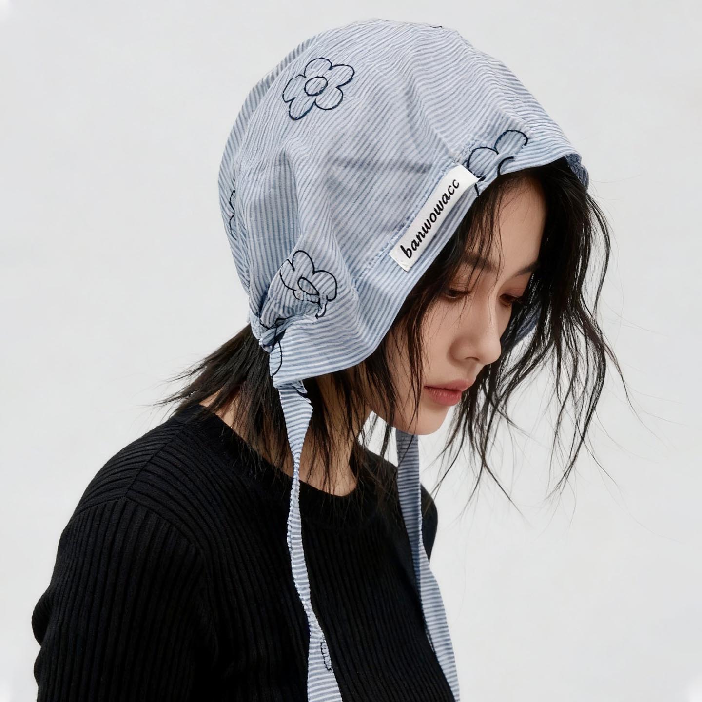 蓝色条纹花朵ins套头帽子女日系夏季出游百搭防晒头巾帽氛围感