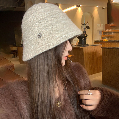 开叉设计针织渔夫帽女冬季韩版百搭水桶帽日系复古大头为显脸小