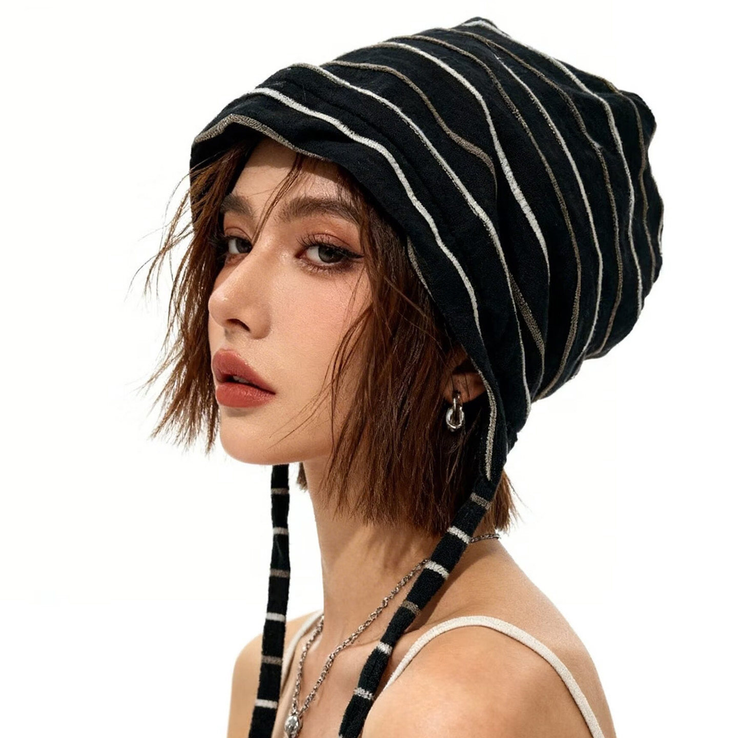 日系黑白条纹绑带针织帽女春季大头围包头帽保暖堆堆帽复古冷帽子