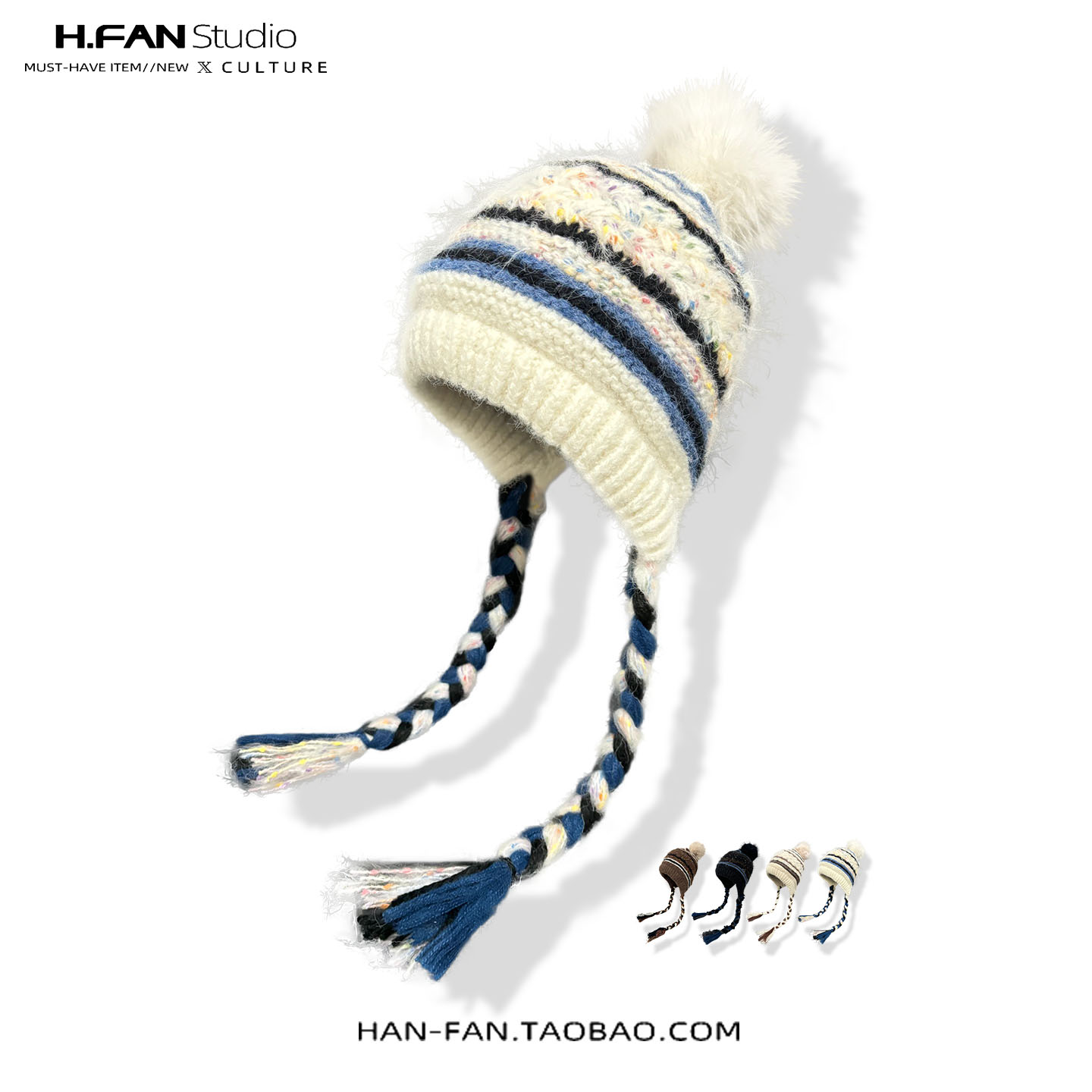 拼色针织麻花辫护耳保暖雷锋帽女日系冬季2025新款大头围毛线帽潮