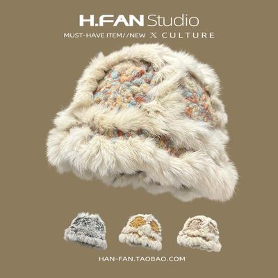 2024新款真兔毛云朵针织醒狮帽子女冬季保暖毛绒绒百搭盆帽显脸小
