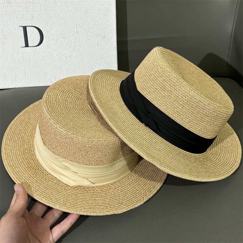 日系休闲平顶草帽女夏季纯色百搭时尚遮阳帽旅行度假沙滩太阳帽