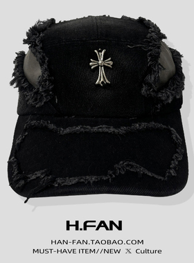浅顶十字架破洞复古棒球帽子男女百搭秋季潮牌黑色鸭舌帽逛街潮