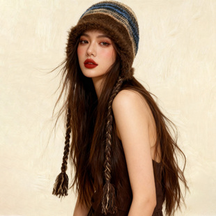 美拉德咖色大头围针织包头帽女2025秋冬川西旅游毛绒流苏辫子帽