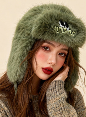 可爱绿色毛绒怪兽眼睛雷锋帽子女冬季保暖套头帽男防寒护耳飞行帽