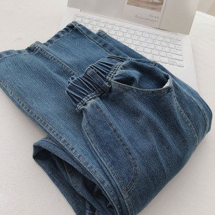 休闲拖地裤 柔软棉质薄款 女松紧腰遮肉显瘦阔腿裤 直筒牛仔裤 女 窄版