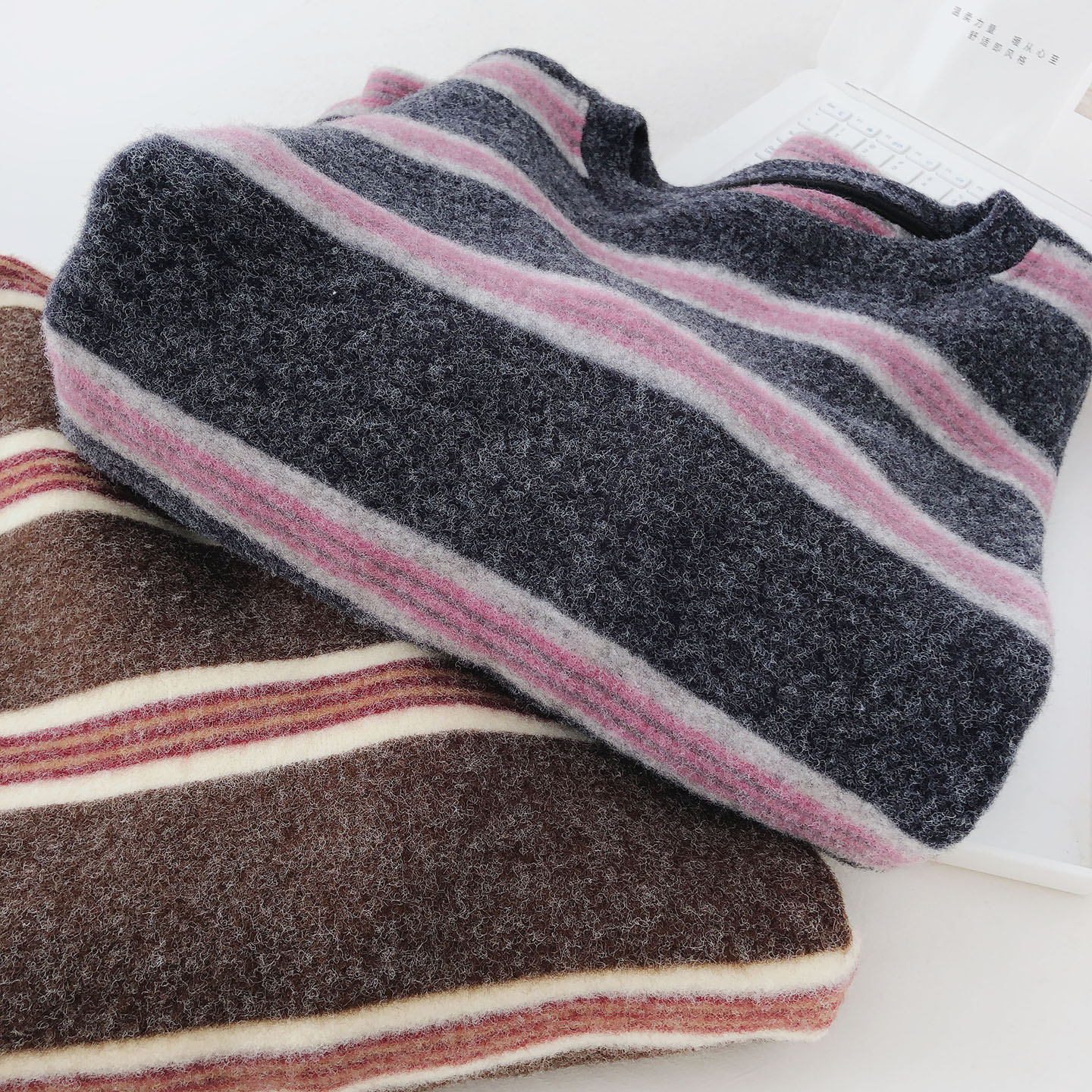 加绒加厚条纹打底衫女长袖T恤冬