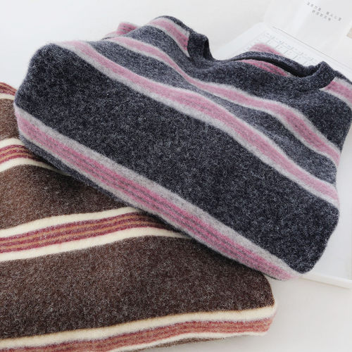 加绒加厚条纹打底衫女长袖T恤冬