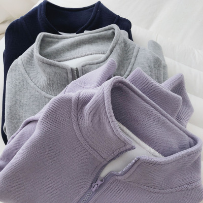减龄紫色加绒加厚高领卫衣开衫女