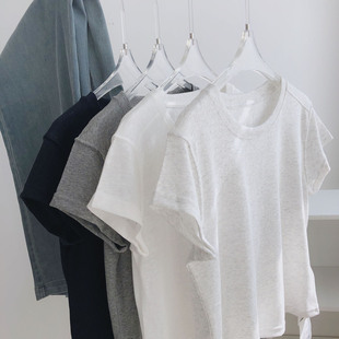 上衣 百搭显瘦小个子圆领白色短袖 柔软透气竹节棉小飞袖 T恤女夏季