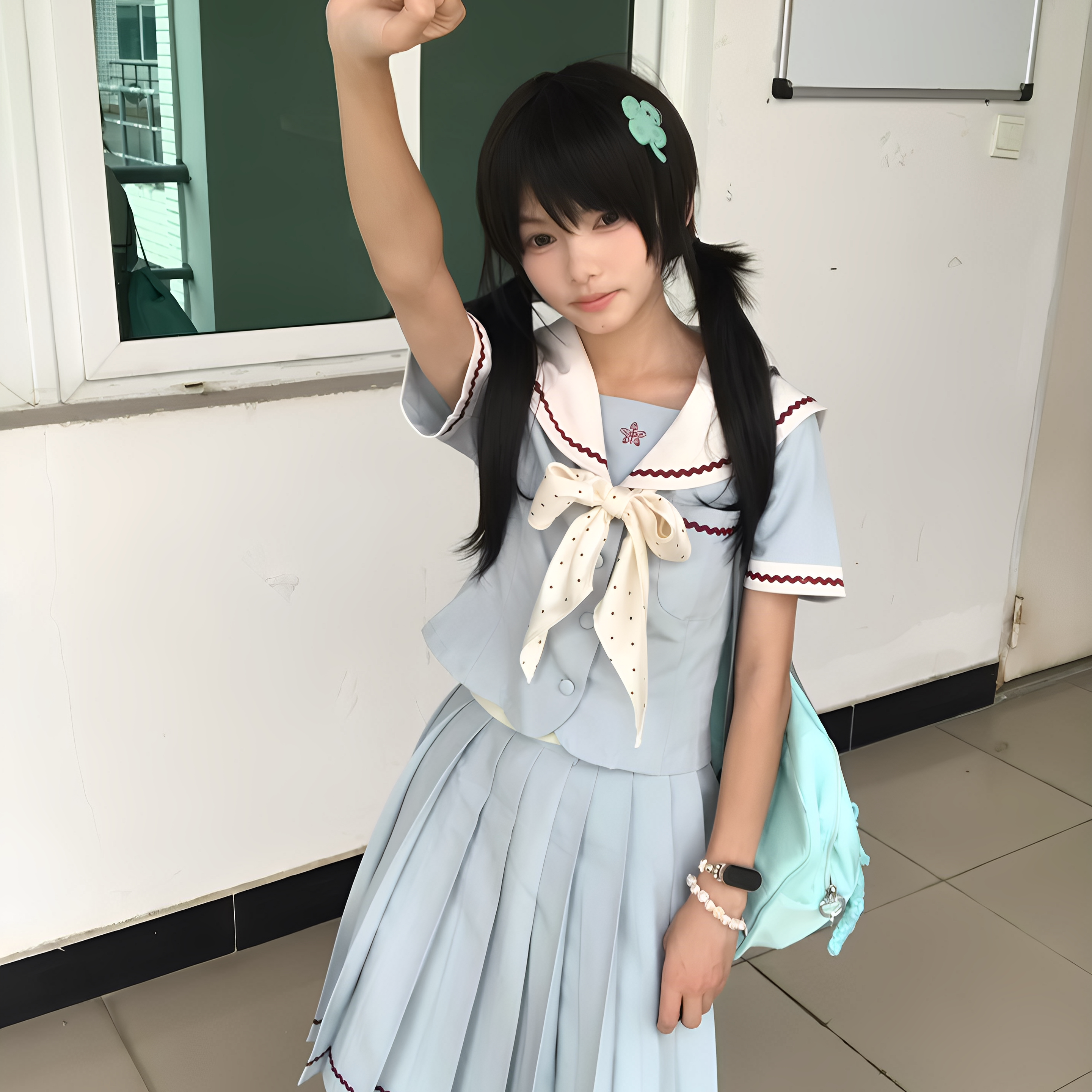 lulucake夏季日系学院风甜美中裙百褶裙小薄荷JK制服水手服套装女