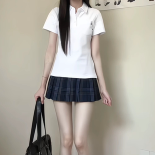 显瘦上衣 JK制服小谷收腰Polo衫 女夏季 学院风刺绣短袖 白色t恤修身