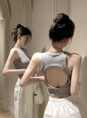 灰色美背工字小吊带背心女带胸垫夏辣妹内搭外穿短款无袖露背上衣