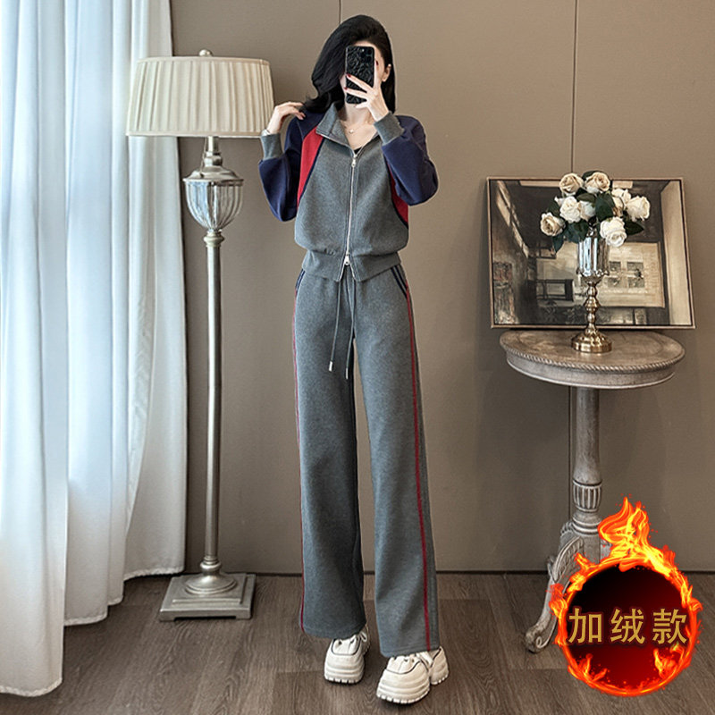韩系撞色拉链开衫卫衣套装 小个子高腰垂感卫裤保暖两件套
