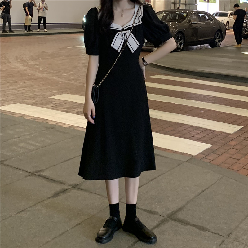 Big size women's summer bow tie tie high waist skirt Platycodon grandiflorum first love bubble sleeve dress