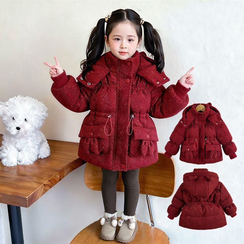 女童装加厚羽绒棉服1-6岁2女孩子红色新年拜年服棉衣宝宝呢子外套