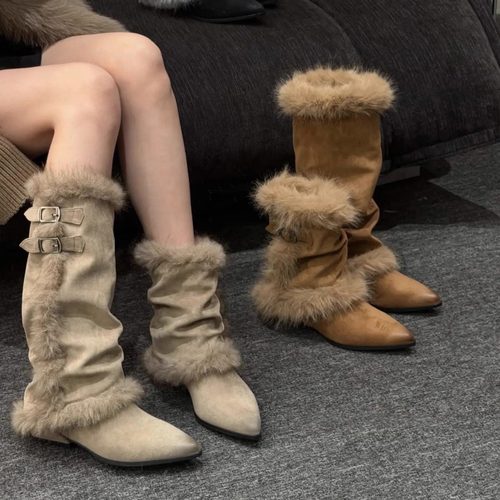 韩版尖头毛毛靴冬季加绒保暖