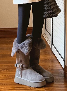 小个子厚底灰色长筒雪地靴女2025冬新款增高加绒加厚保暖东北棉鞋