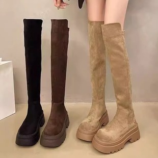 8CM内增高小个子过膝长靴女2025超火弹力瘦瘦长筒靴绒面长靴加绒