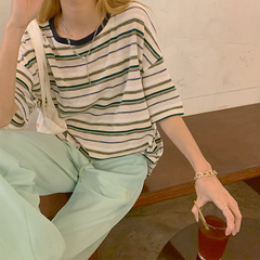 Real price Han Xia hands a striped versatile loose T-shirt~