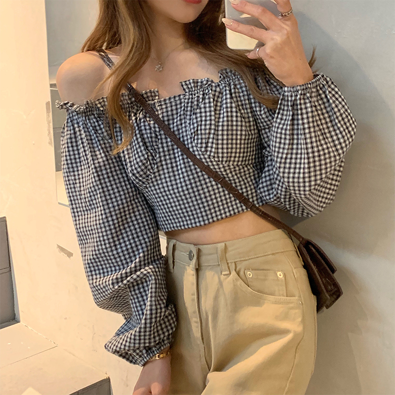 Real price sweet summer versatile one shoulder Plaid Shirt