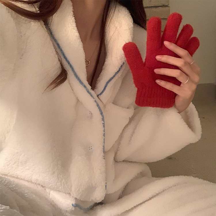 Real price winter Korean chic warm soft waxy coral Plush warm pajamas + pants