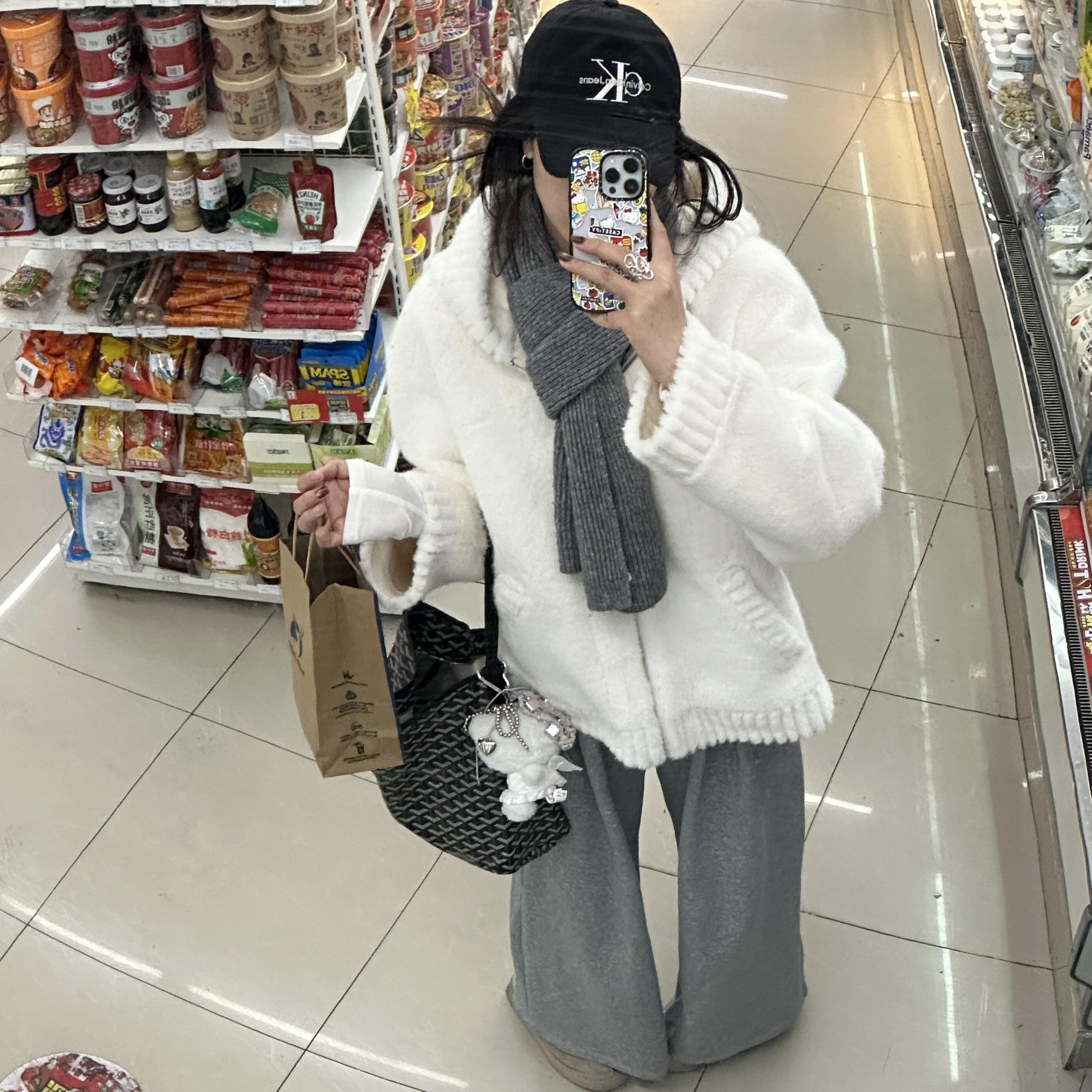 韩系白色连帽羊羔毛外套女2025冬季新款宽松加厚保暖毛绒棉衣棉服