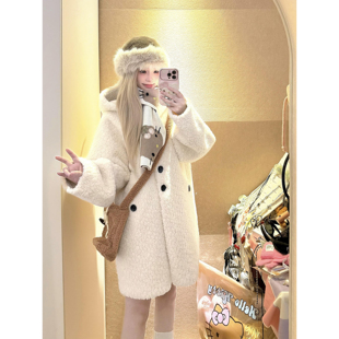 韩系巨好看羊羔毛中长款棉衣外套女2026冬季保暖软糯羊羔绒棉服潮