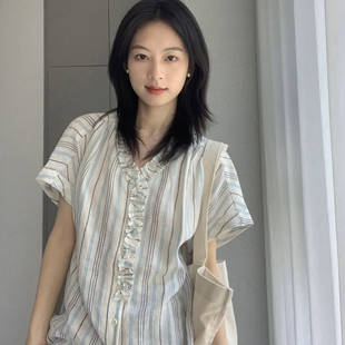 法式 夏季 女2025新款 V领短袖 复古休闲百搭条纹花边小众衬衣潮 衬衫